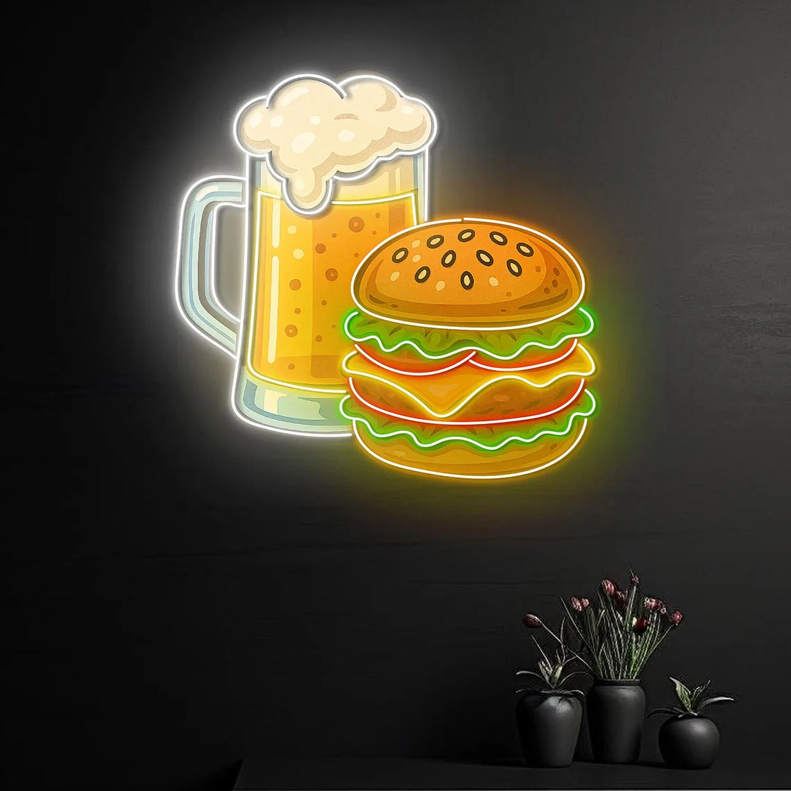 

Неоновая вывеска для пива и гамбургера, неоновая вывеска для бамбургера, подарок для любителей еды, вывеска для пива, декор для кухни, декор для ресторана, неоновая вывеска для бизнеса