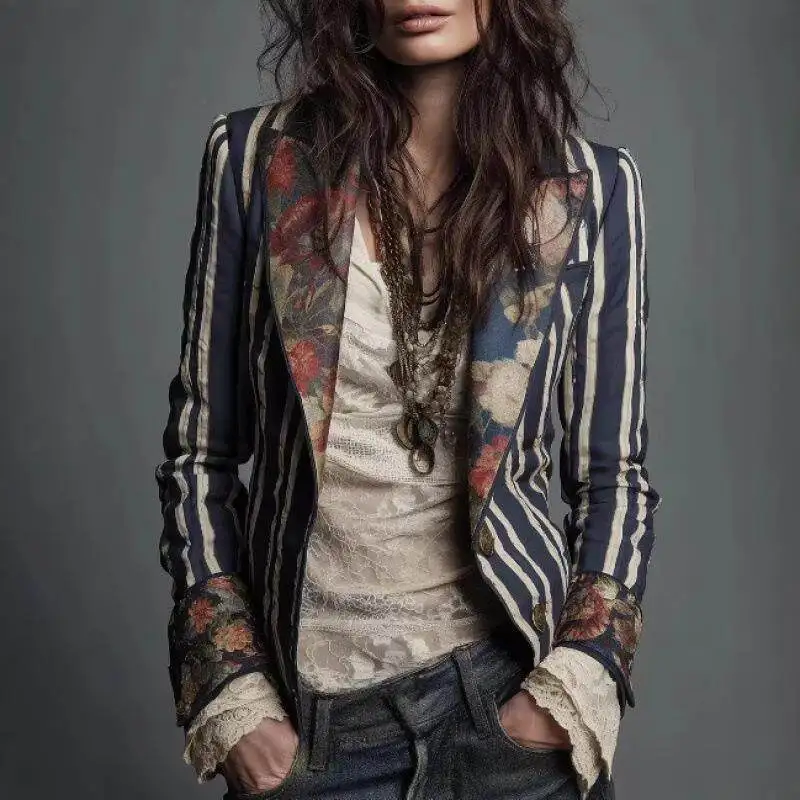 

Женский пиджак в стиле бохо с цветными блоками и полосками, новинка, с длинными рукавами, из смесового хлопка, верхняя одежда