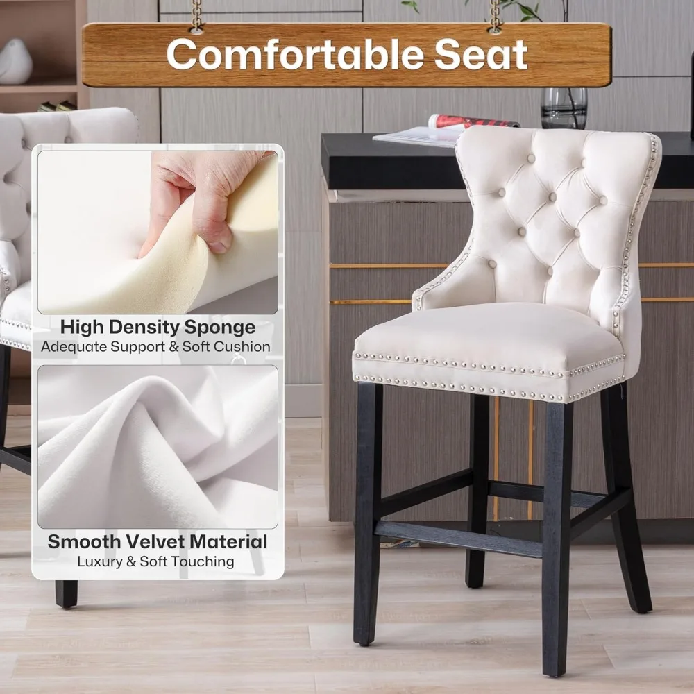 Bar Stools Set of 2, Velvet 26 Inch Seat Height Counter Height Barstools with Back, Rivet Trim Bar Chairs