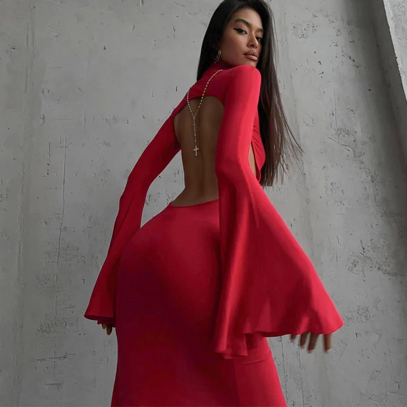 Elegant Red Backless Maxi Dress for Women Fashion Flare Sleeve Bodycon Party Dress Autumn Sexy Slit Christmas Dress 2024