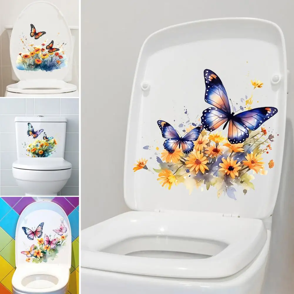 Colorful Butterflies Flower Toilet Sticker Removable Waterproof PVC Living Room Wall Art Floral Bathroom Toilet Lid Decor Decal