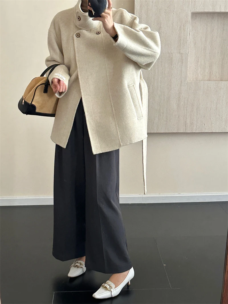 LANMREM Office Lady Double Sided Woolen Short Coat Women\'s Stand Collar Solid Color Luxury Coats 2024 Autumn Winter New 2Z2325