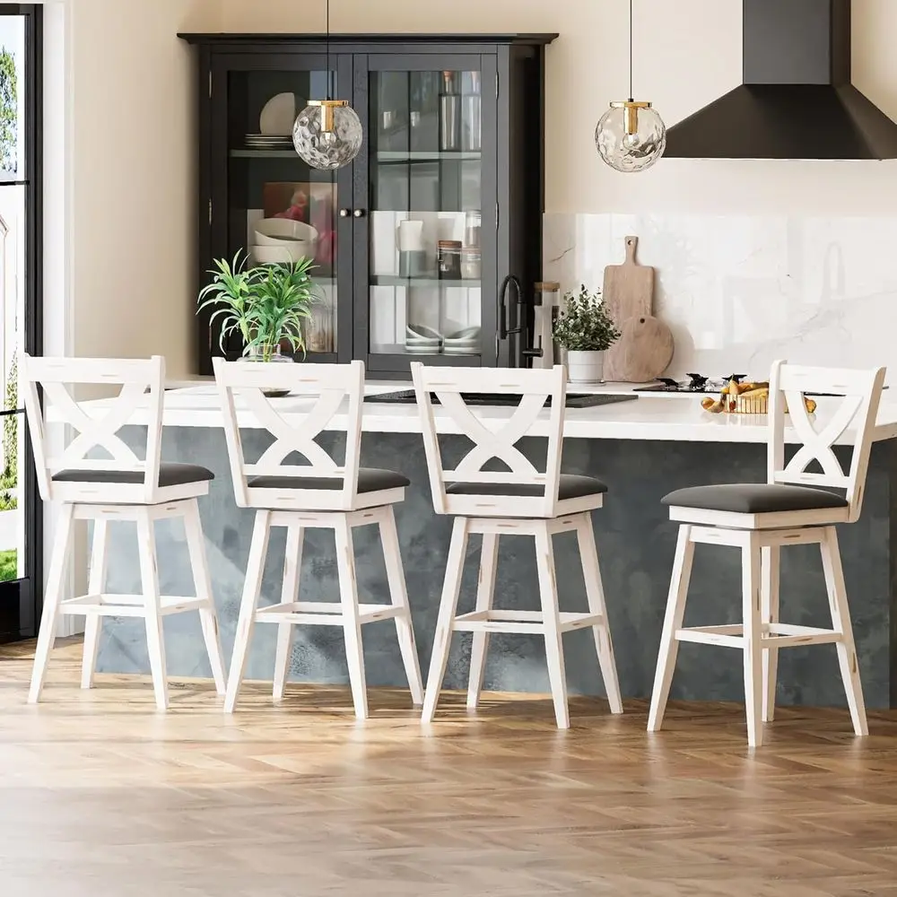 

Set of 4 Antique White Upholstered Swivel Bar Stools with Backrest and Footrest, 29 High for Kitchen Islands