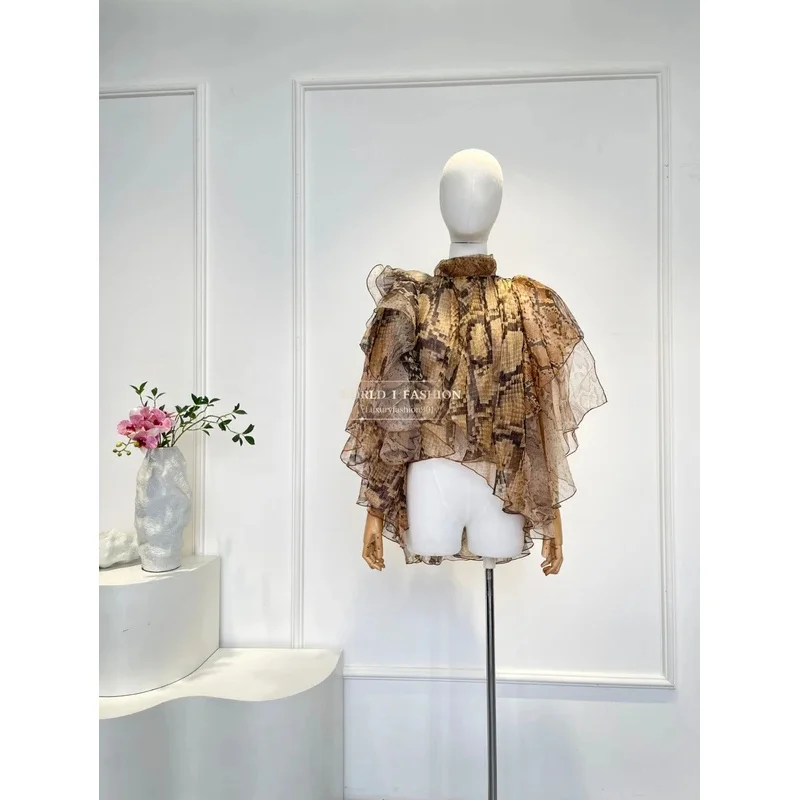 

2025 New High Quality Classic Python Pattern Pure Silk Bow Tie Vintage Women Holiday Blouse