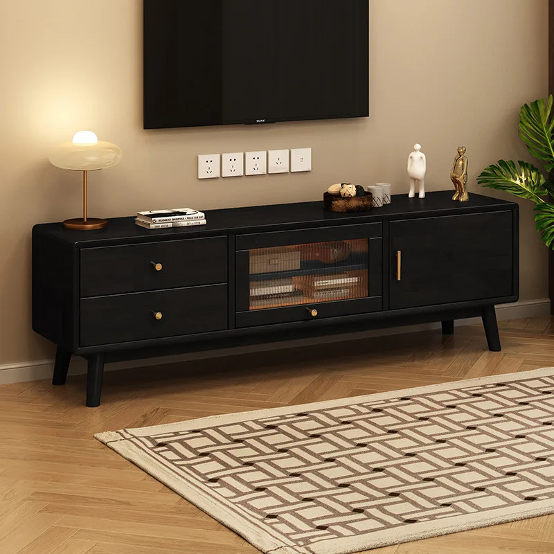 

Solid wood TV cabinet, coffee table combination, three piece set, small unit, black retro style living room, separate storage, s