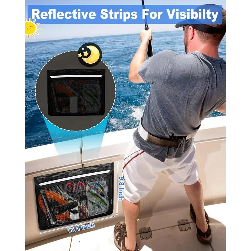 Boats Marine Mesh Bag Strong Adhesive Boat Storage Fishing Tools Self-adhesive Booat StorageBag with Lid Reflective Leak-Proof