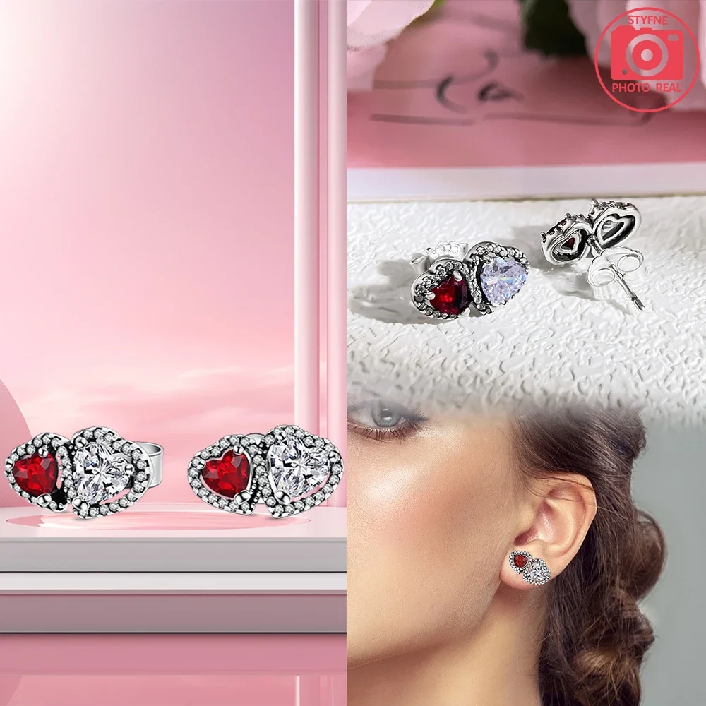 Double Heart Earrings Charms Fit Pandora 925 Original Charm Women 925 Silver Hot Sale Earrings DIY Jewelry Gift 2024 New in