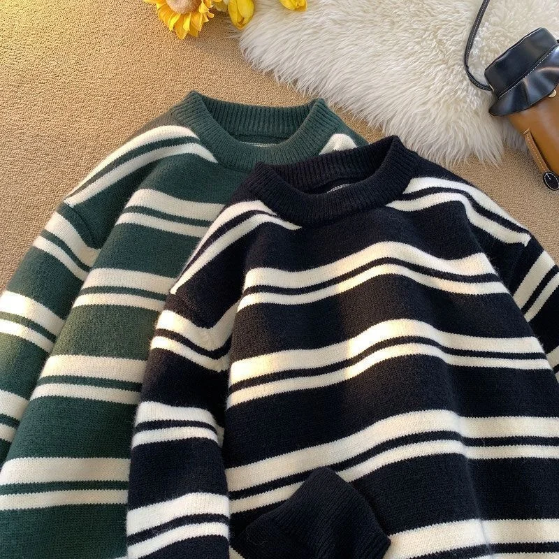 Thiened een Stripes Knitted Sweater Men's Autumn Winter Color Blo round Ne American Lazy Sle Outerwear for Teens