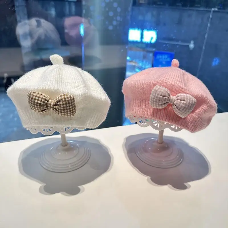 Kids Berets Winter Hat Knitted Bow Hat Berets Caps for Women Retro Hat Baby Girl Hat Autumn Winter Korean Version