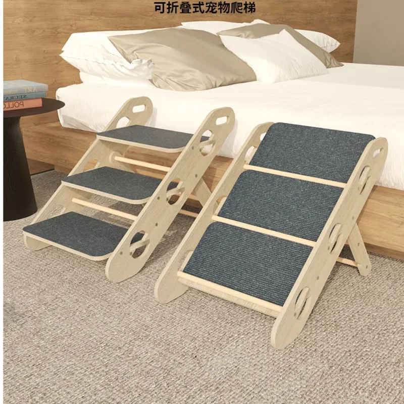 Solid Wood Folding Climbing Ladder, Sofa Bedside Pet Slope, Elderly Dog Anti Slip Step Stool, Strong Load-Bearing Safety Ramp