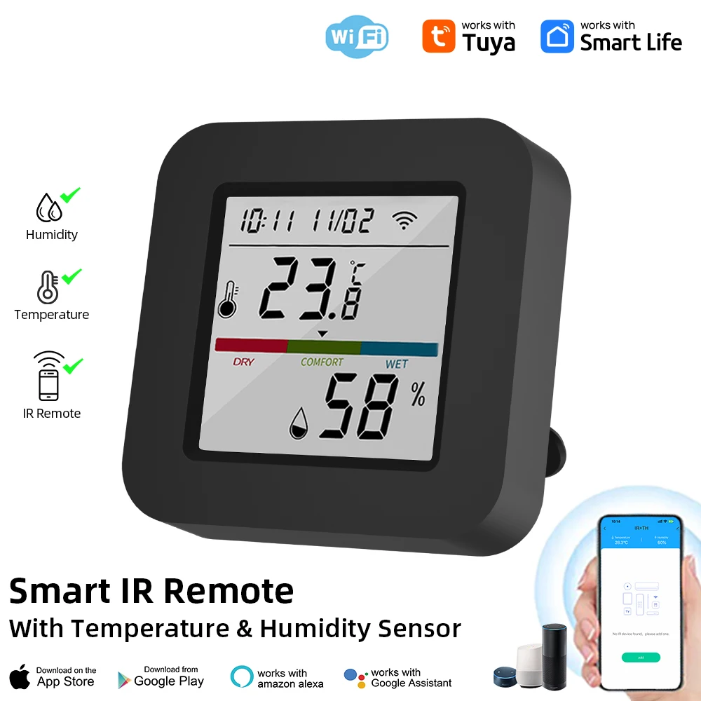 

Tuya Smart Universial IR Remote Control with Temperature Humidity Sensor for TV /Air Conditioner Work with Alexa Google