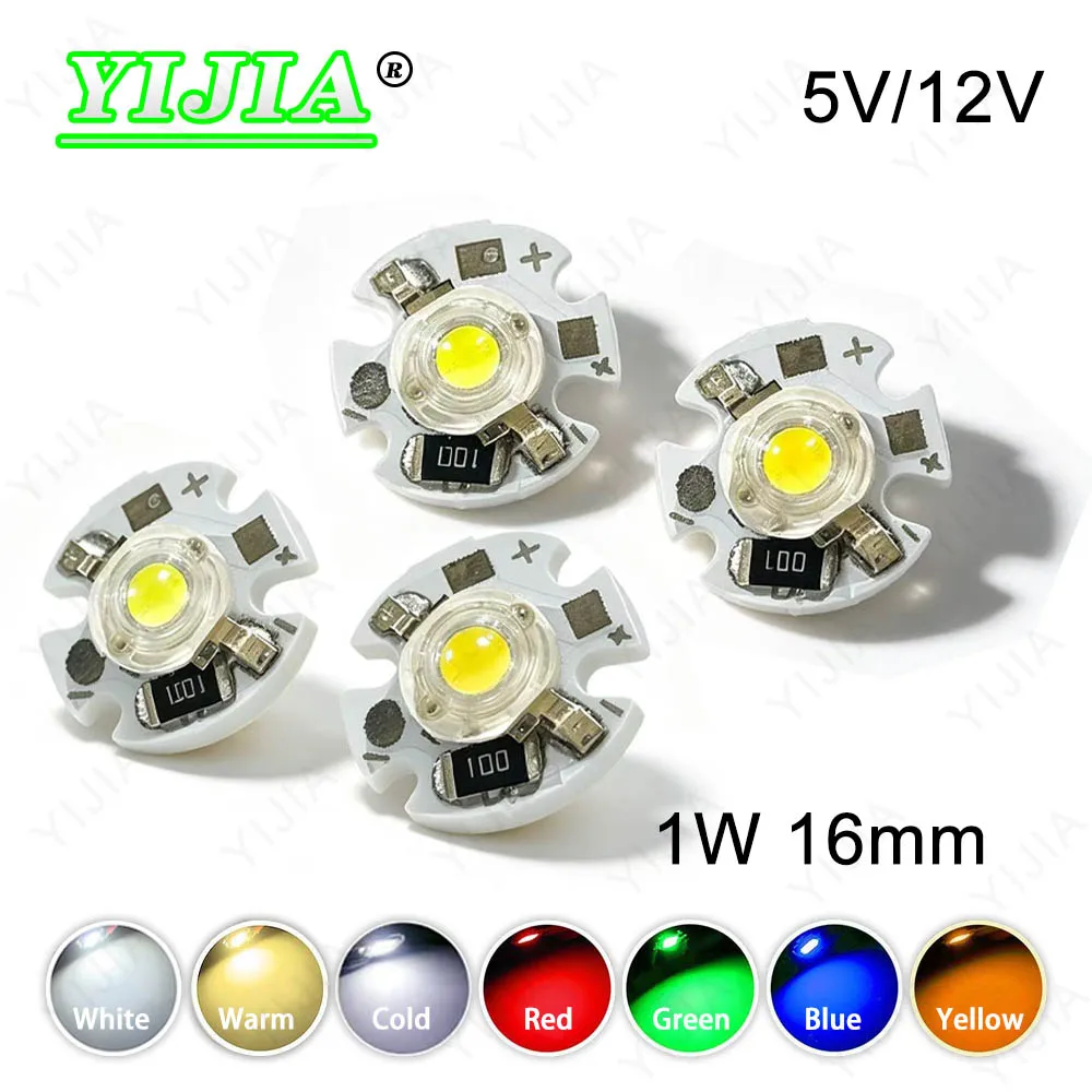 10 PCS High Power LED Lamp Beads DC 5V 12V 1W White 3000K 4000K 6000K Red Green Blue 16mm PCB HD Brightness Single Color Beads