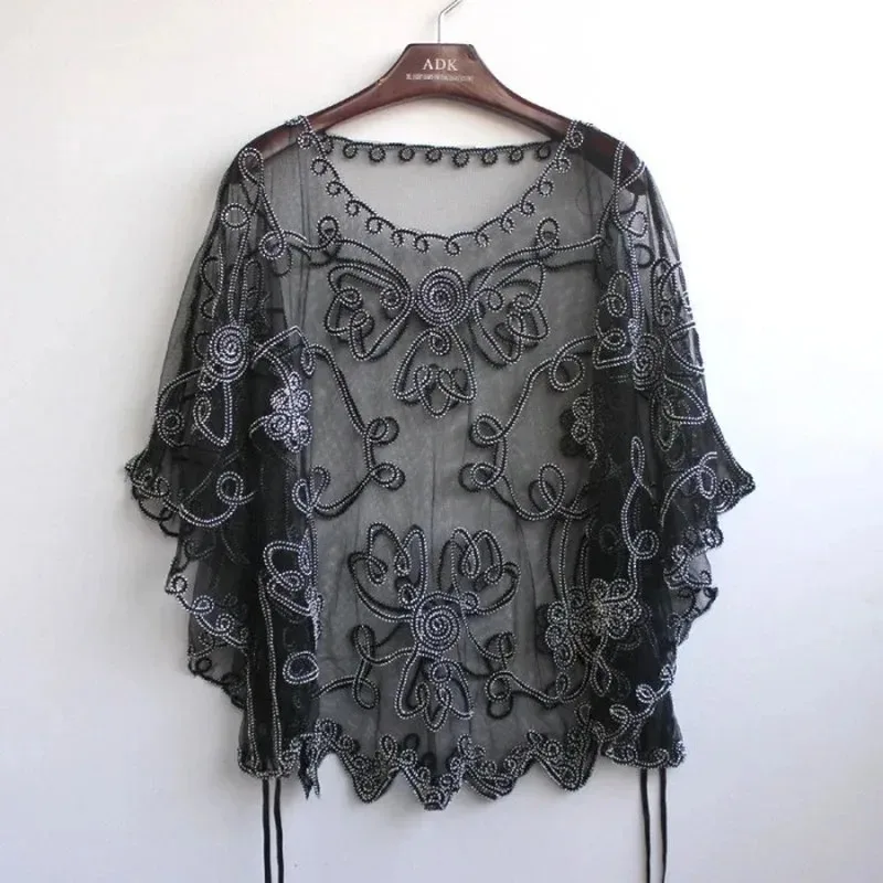 2024 High Quality Loose Hollow Chiffon Women\'s Blouse Summer Lace Batwing Three-quarter Sleeve Shirt Blusas Femininas 803J 38