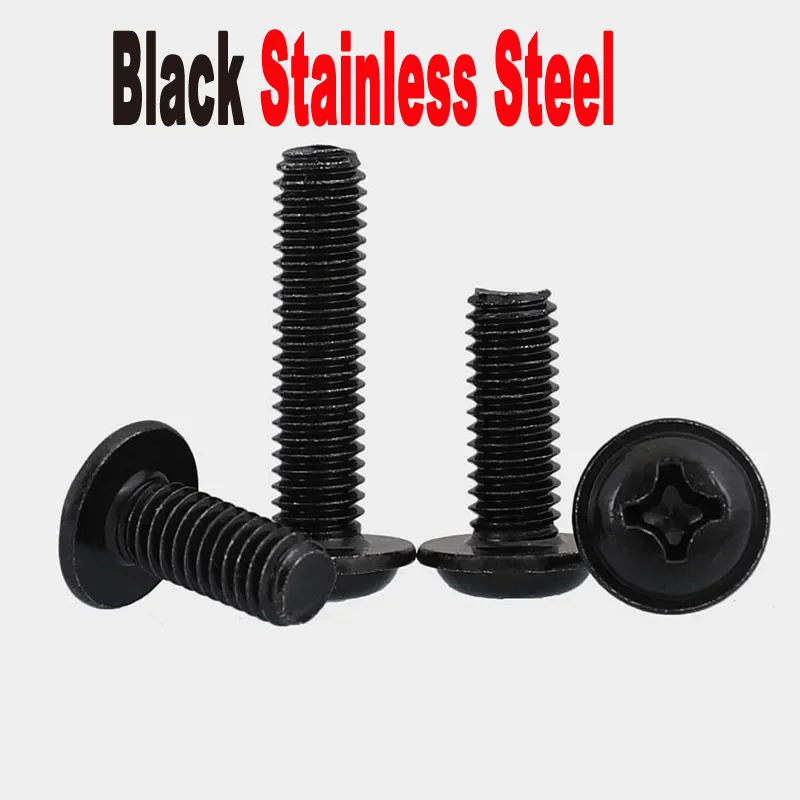 

5/50pc Black Stainless Steel Cross Recessed Phillips Pan Round Head With Washer PWM M2 M2.5 M3 M4 M5 M6 Padded Collar Screw Bolt