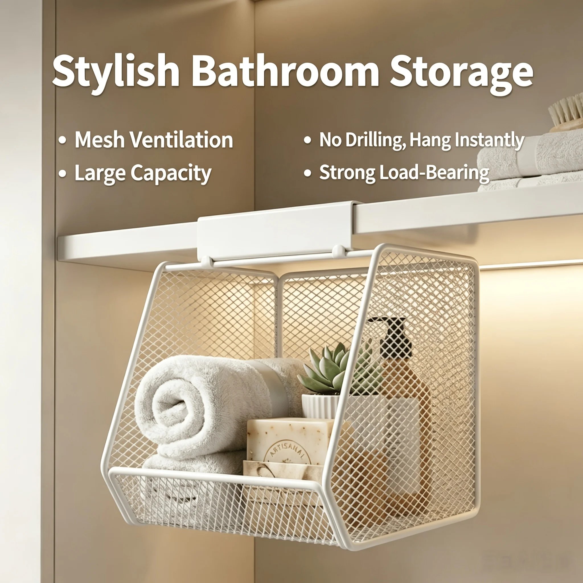 Under Sink Storage Basket Metal Mesh Hanging Basket Drill Free Rust Proof Drainage Bathroom Skincare Organizer Space Saving Rack