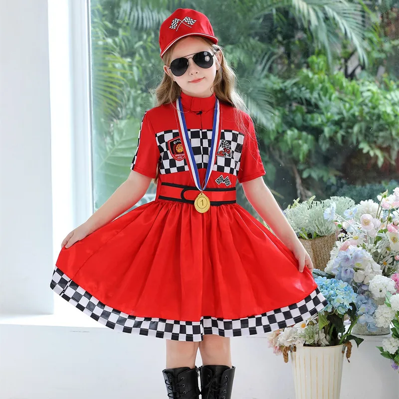 

New Children's Red Racing Suit Motorcycle Costume Girl Cheerleading Dress Sports Meeting Dance Performance Clothes