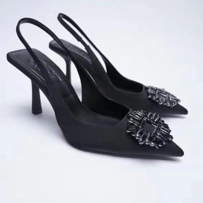 New High-heeled Sandal A Word Back Trip with Rhinestone Decorated Bao Head Sandal Pointed Single Shoe Shallow High Heels Women