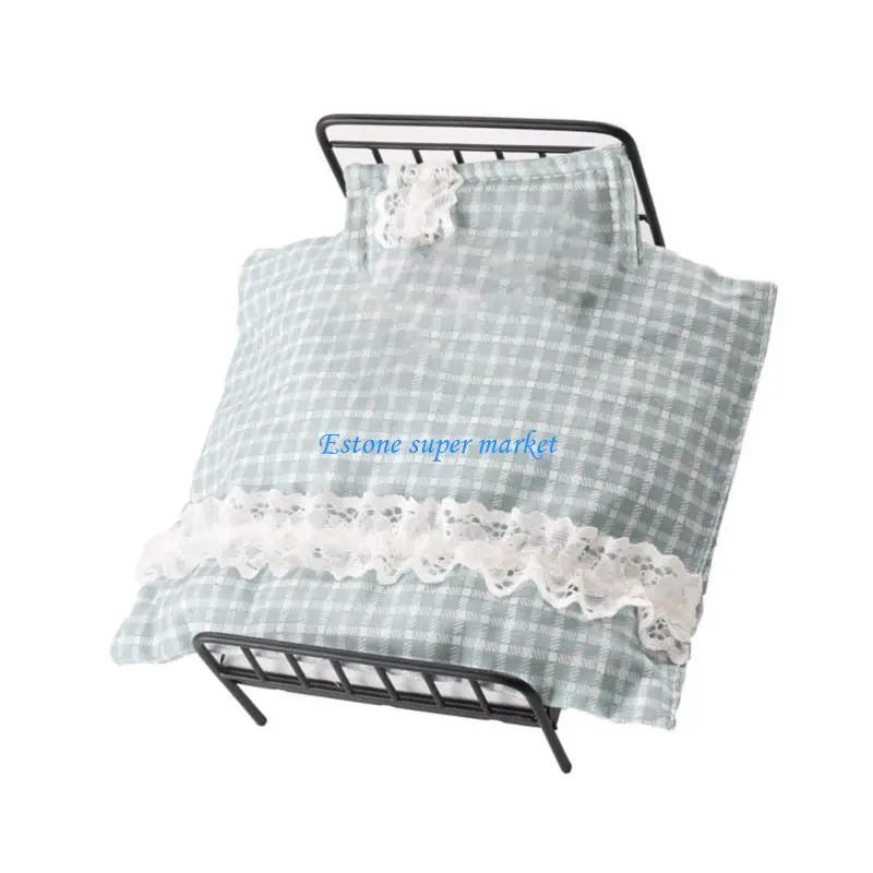 

090B 1/12 Scale Iron Bed Bedding Set with Quilt Pillow Doll House Miniature Furniture