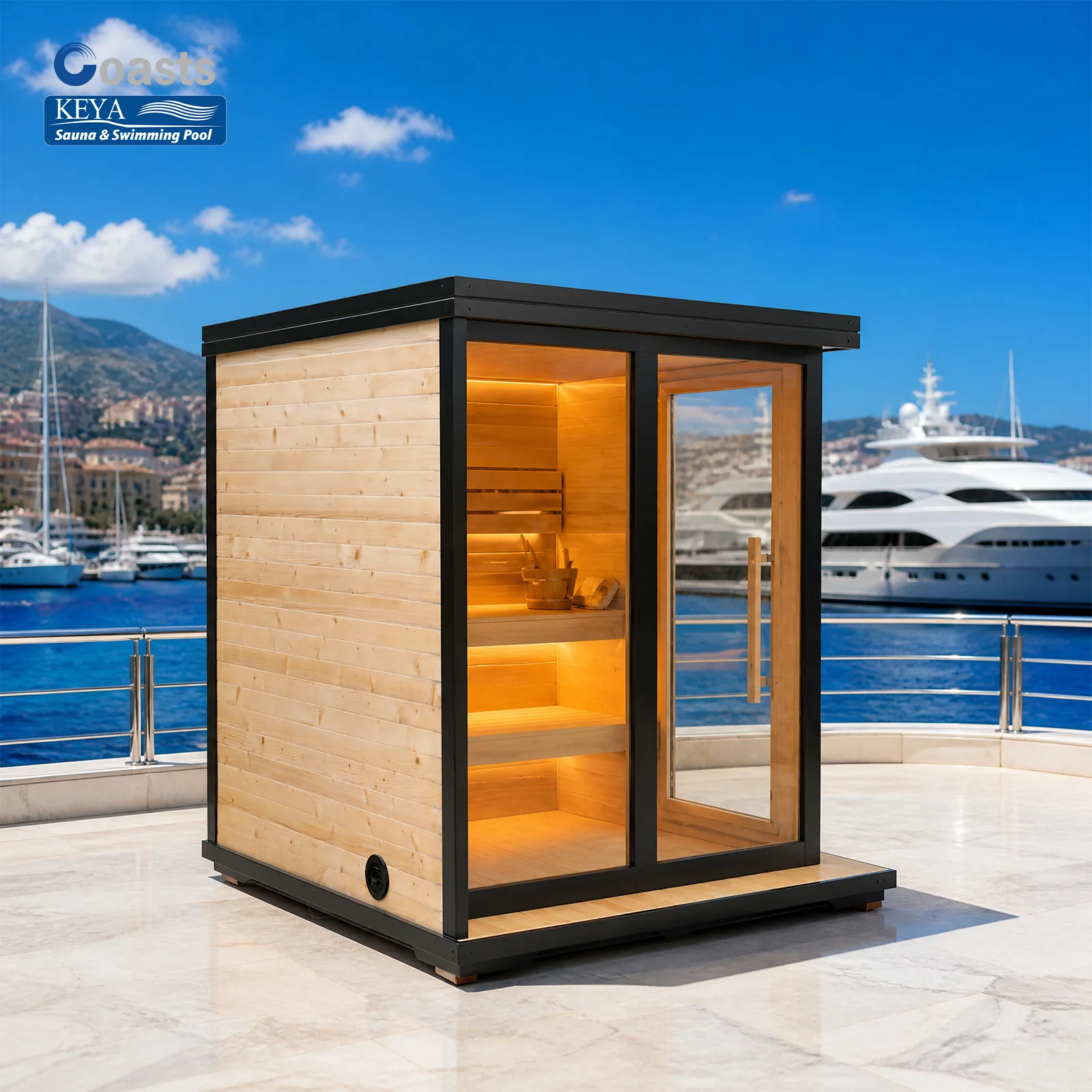 Yacht Marina Terrace Luxury Outdoor Sauna Thermo Pine Rectangular Panoramic Glass Flat Roof Smart WiFi DDP Ready