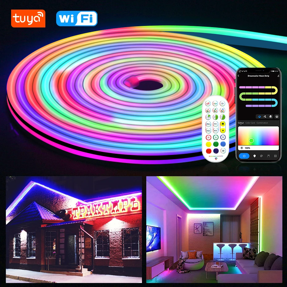 

Tuya Wifi Dreamcolor Chasing Led Neon Light 2m 5m 8m 10m Waterproof 12V RGBIC Led Strip 96Leds/m Home Room Bars Decor Alexa Lamp