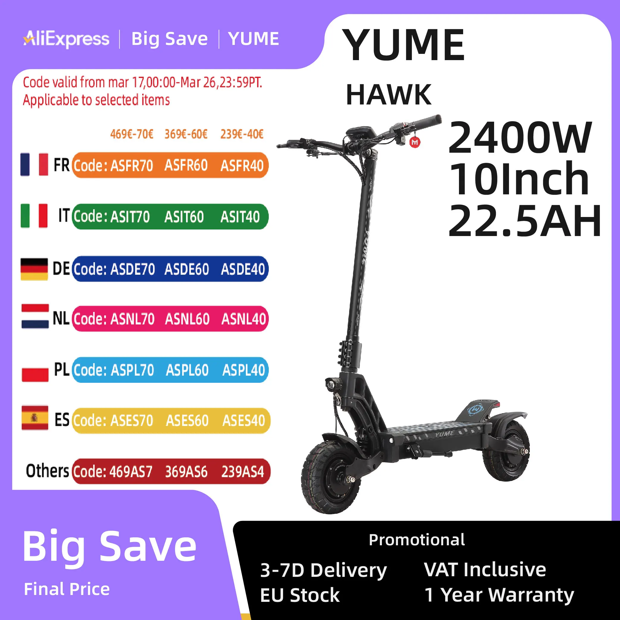 YUME-HAWK Electric Scooter, Tubeless All Terrain Tires, Hydraulic Disc Brake, 10x3.15 inches, 1200W x 2, 60V, 22.5Ah, 43mph