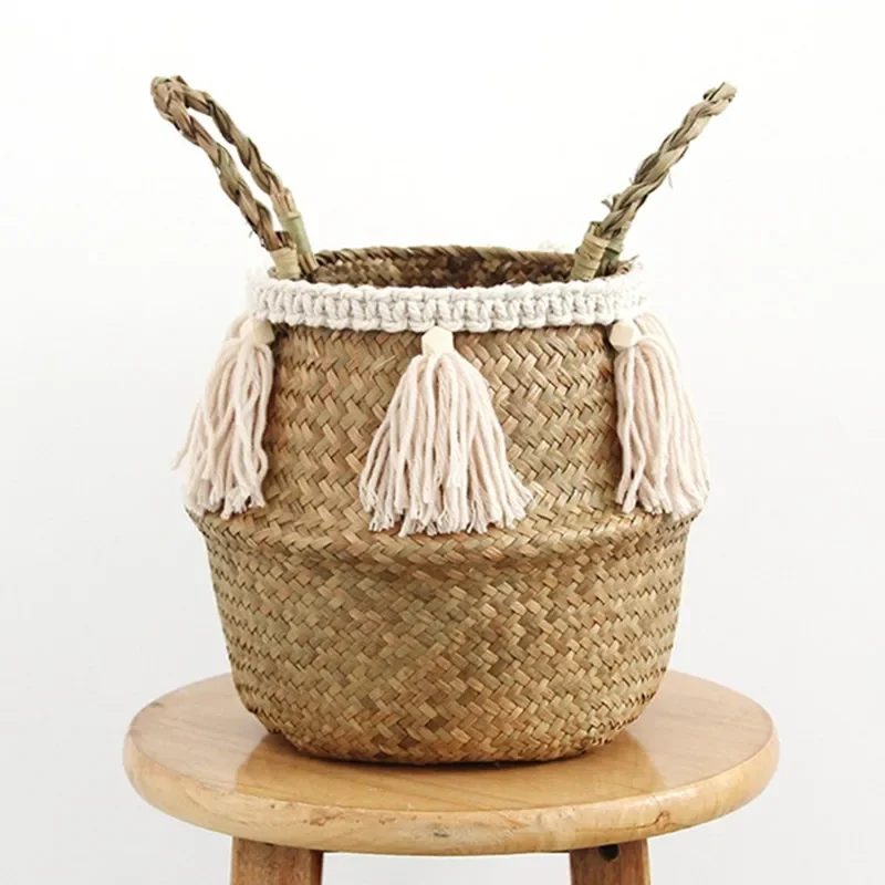 White Seagrass Basket Storage Woven Gift Basket Small Size Laundry Basket Plant Storage for Decoration