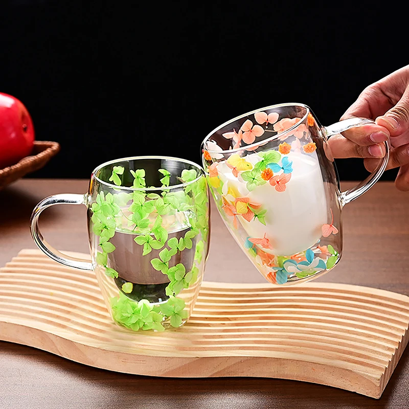 1PC INS Trends High Borosilicate Glass Tea Coffee Cup Floral Dry Flowers Cup Simple Heat Resistant Double Wall Glass Cup