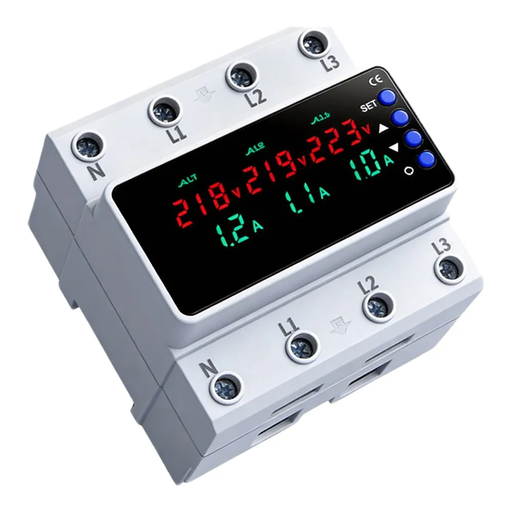 Industrial 3 Phase Voltage Current Protector with Real Time Monitoring and Auto For Reset 100x40x60mm White Housing Size