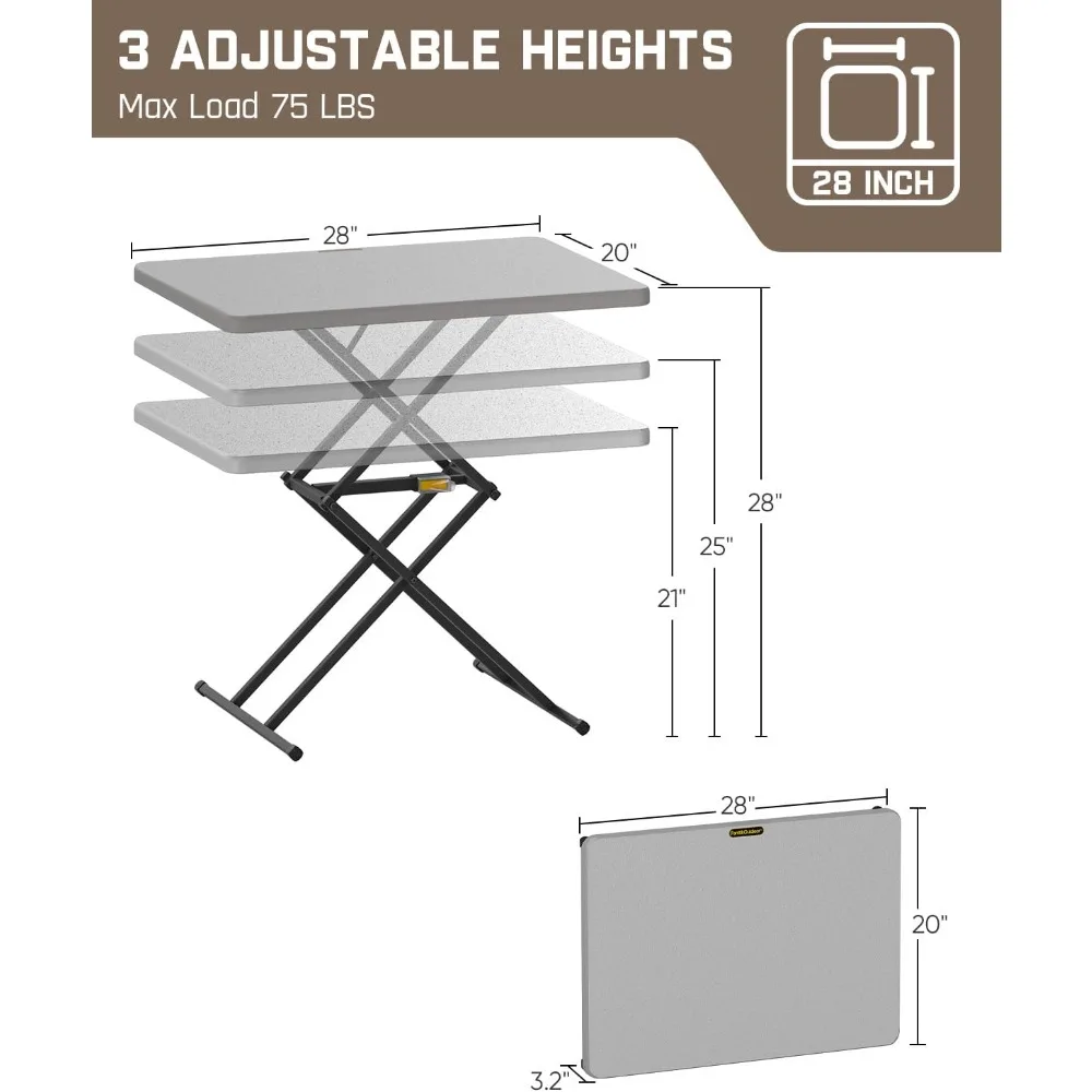 طاولة قابلة للطي محمولة 28 بوصة، تعديل الارتفاع بيد واحدة، 3 مستويات، لا يتطلب تجميع، متعددة الوظائف للاستخدام الشخصي، #2