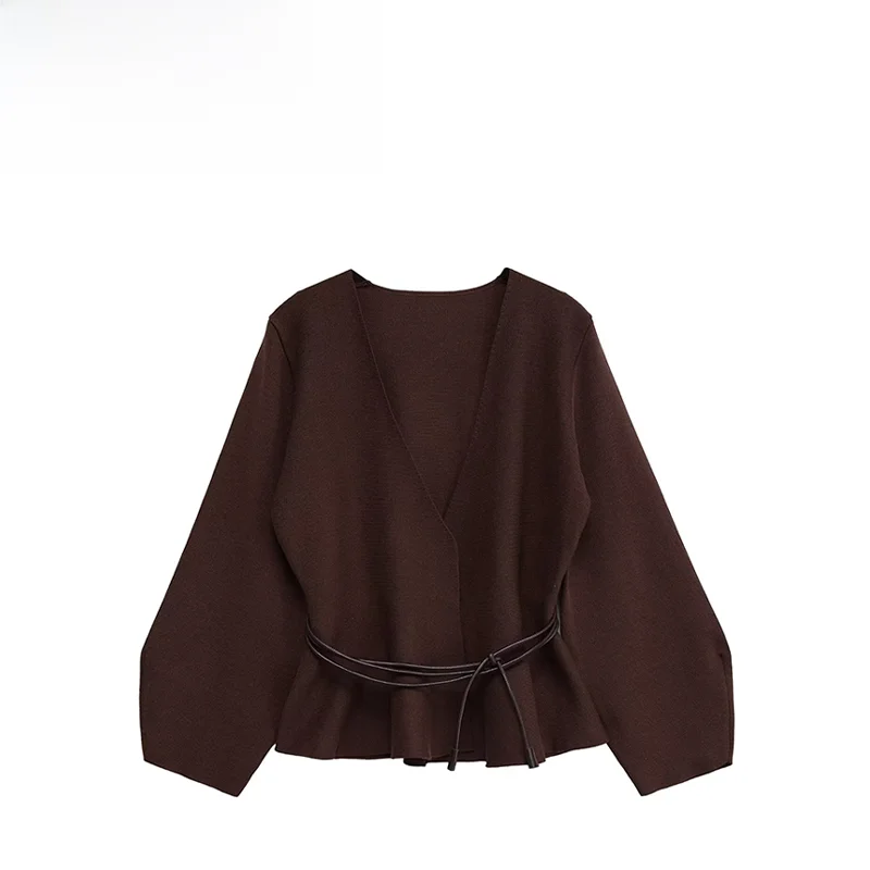 

Модный универсальный вязаный кардиган с поясом, V-образным вырезом, из полиэфирного волокна, женский, свободного кроя, с длинными рукавами, для осени