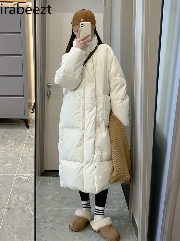 2024 New Down Cotton-padded Women's Winter Long Over The Knee Korean Version of Loose Thick Casacos De Inverno Feminino