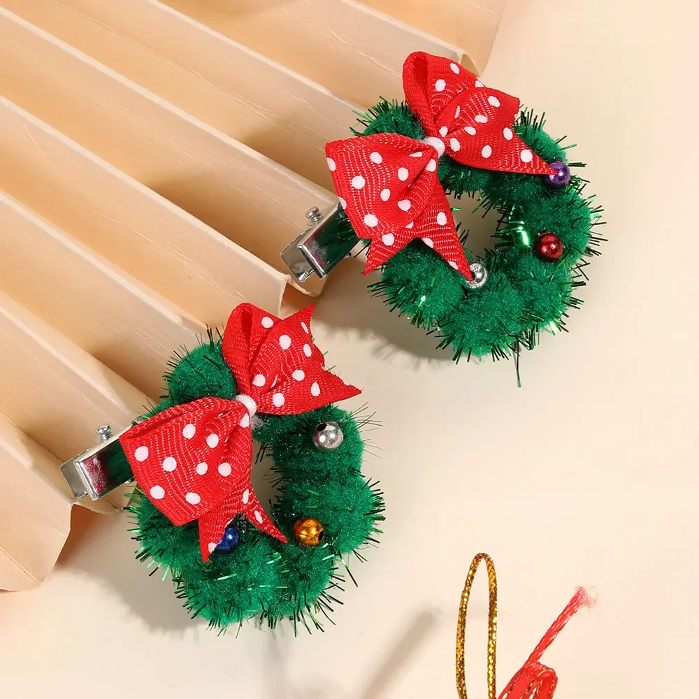 2Pcs Christmas Garland Hair Clips Kids Santa Claus Hairpin Boutique Ribbon Bowknot Hairgrip Headwear Children New Year Gifts