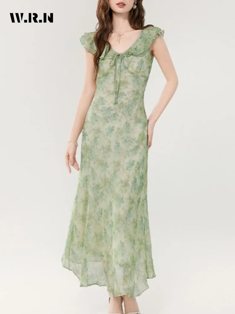 

Sweet Style V-Neck Suspender Lace-up Midi Dresses 2025 Summer Women's Fairy Sleeveless Chiffon Floral Printting Elegant Dress