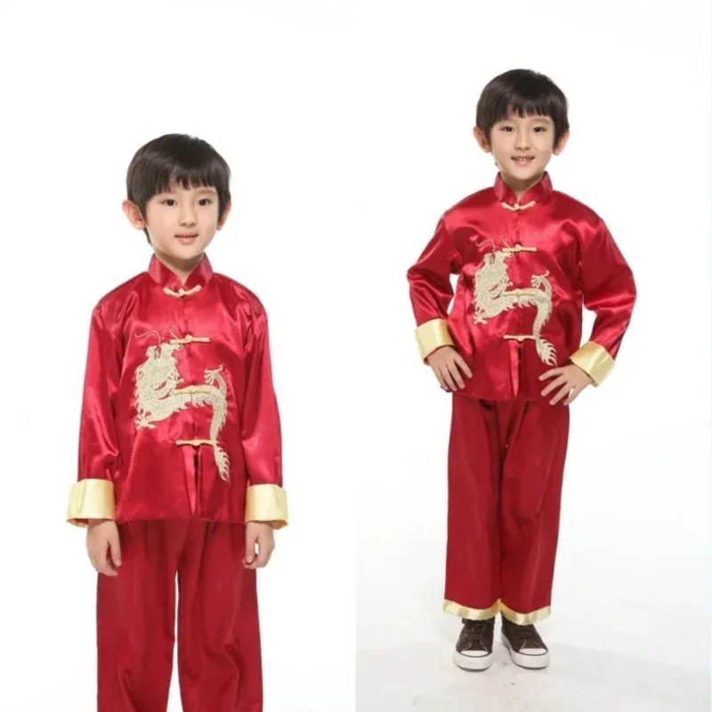 Kids Chinese Style Tang Suit Dragon Embroidery Boy Girl Children New Year Party Outfits KungFu Traditional Oriental Clothing Set