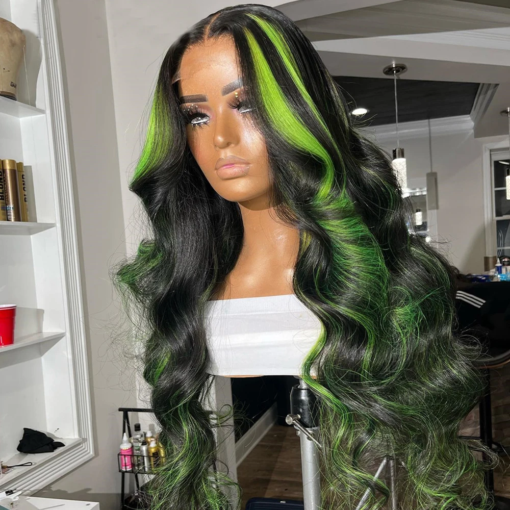 Black and Green Highlight Body Wave Human Hair Lace Frontal Wig, 13x4 13x6, Ombre, Pre-Plucked