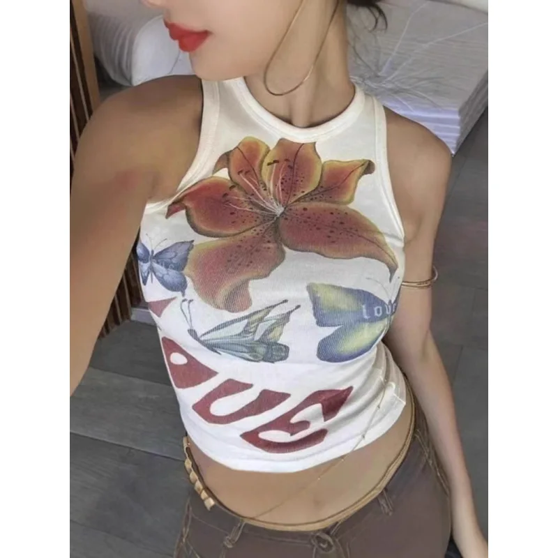 

2025 European and American Summer Women's Slimming Flower Pattern Printed American Retro Spicy Girl Round Neck Sleeveless Tank T