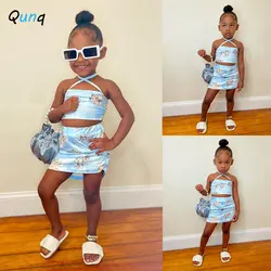 Qunq Summer Girls New Cartoon Print Sling Sleeveless Crop Top + Skirt 2 Pieces Set Fashion Street Casual Kids Clothes Age 3T-8T