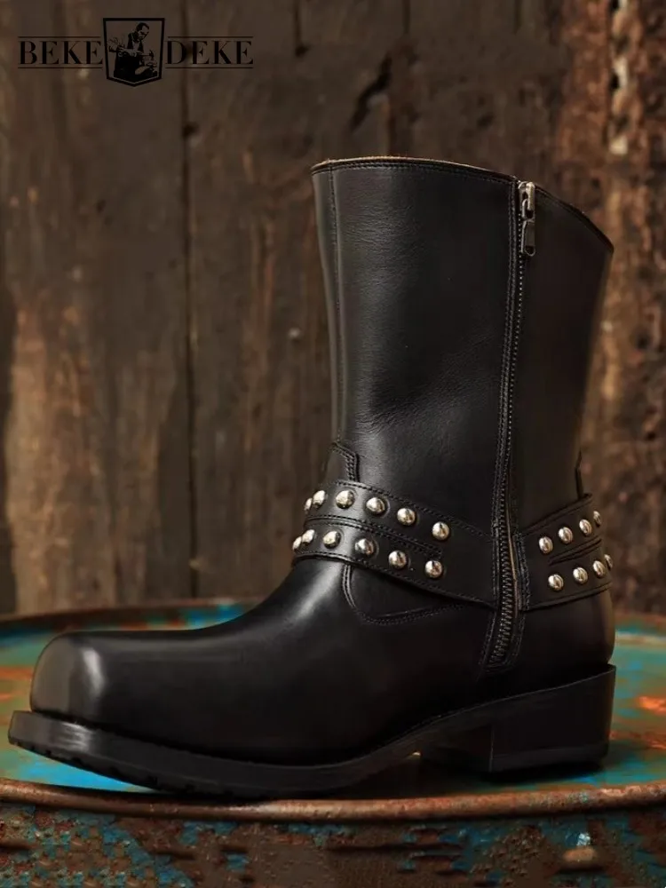 Vintage Square Toe Cowboy Punk Rivet Boots Men Handmade Cowskin Genuine Leather Motorcycle Shoes High Quality Personality Boots