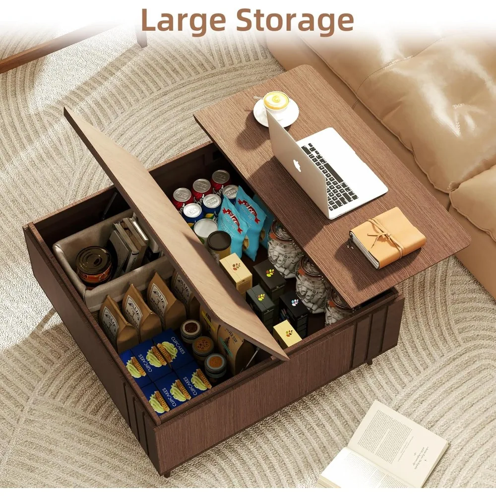 Mid-Century Modern Square Coffee Table with Lift-Top Storage and Hidden Compartment
