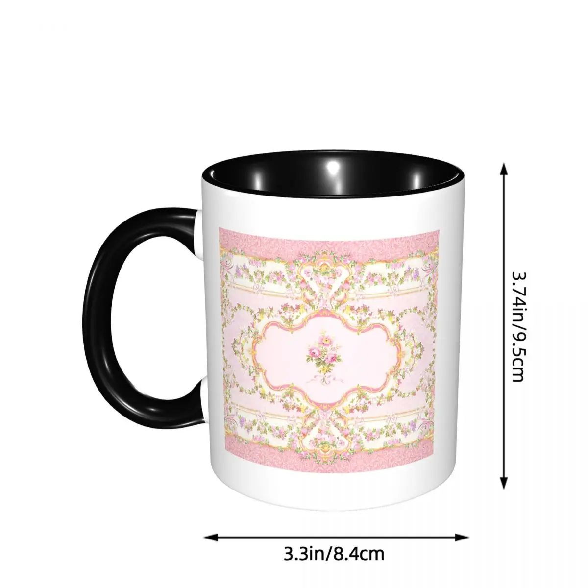 French Rococo Pink Floral Watercolor Panel Mug Funny Ceramic Coffee Cups Tea Mugs Milk Cup Drinkware Gift for Woman Man