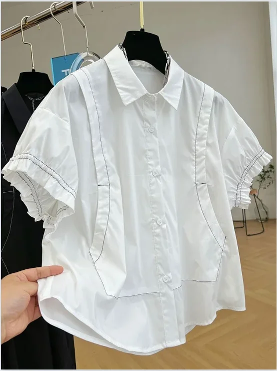 

Рубашки женские высококачественные рубашки с коротким рукавом и V-образным вырезом модная блузка во французском стиле летние трендовые тонкие повседневные топы