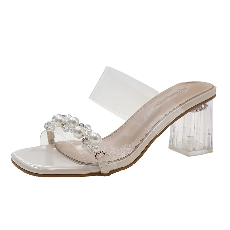 Pearl Transparent Word Belt Mid-Heel Sandals Women Summer New All-Match Empty Open-Toed Slippers