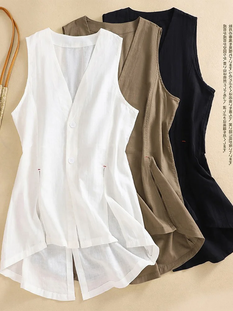 

Casual V-Ne Women's Linen Tank Top Cotton Linen Vest Jaet Commute Sle Button Detail Mid-Length Single-Sided Button