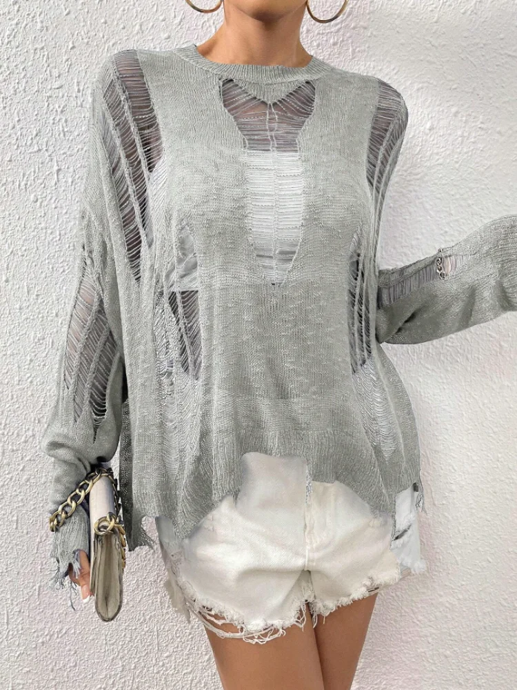 2024 New Hollow Out Round Neck Sweater Spring Summer Street Costume Casual Loose Korea Solid knitwear Beach Bikini Cover-up