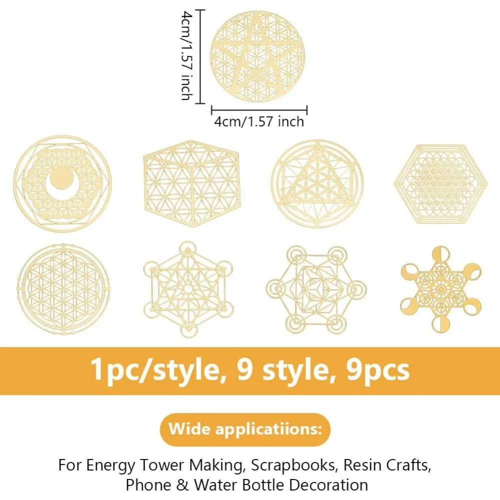 9Pcs Sacred Geometry Stickers Flower of Life Decals Stickers Gold Metal Energy Tower Material for DIY Scrapbooks making kit