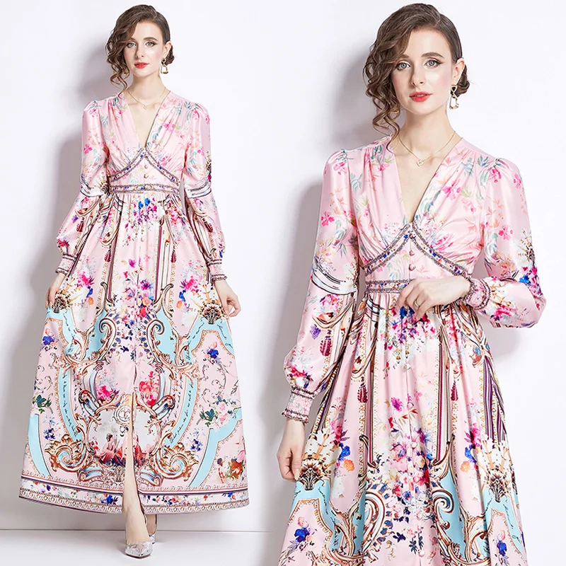 Landebahn Sommer Herbst Gorgeour Blumen druck Split Maxi kleid Vintage Frauen V-Ausschnitt Einreiher hohe Taille Boho Urlaub Robe