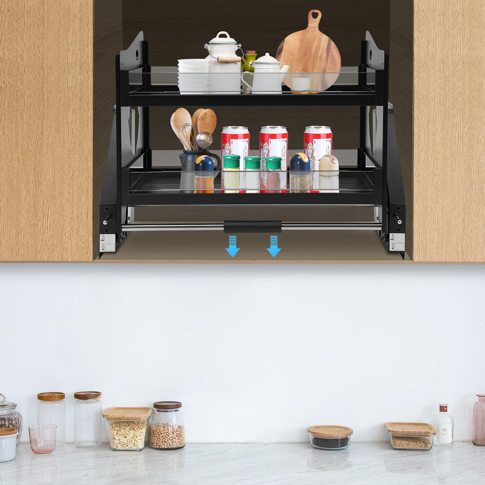 

2-х уровневый выдвижной органайзер для шкафа, выдвижная полка для кухонного шкафа, выдвижной органайзер 28-30 дюймов для кухонь, бары, шкафы