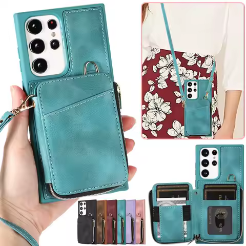 Long Lanyard Flip Leather Phone Case For Samsung Galaxy S23 Ultra S22 Plus S21 S20 FE Zipper Wallet Card Slots Back Cover Coque