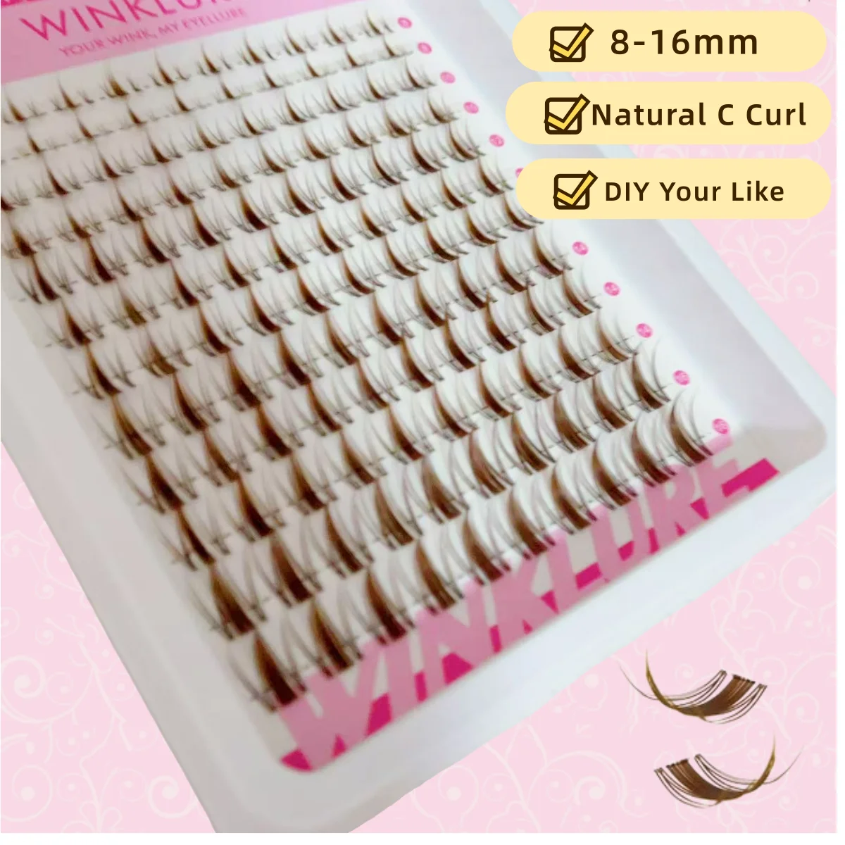 WINKLURE Braune Wispy Lash Clusters, gemischte Länge, C-Curl, flauschige Wimpernverlängerungen mit transparentem Stiel, natürlich aussehend, individuell anpassbar. – Detail 2