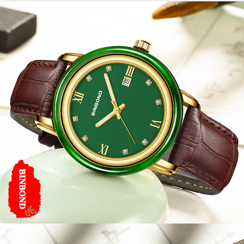 Hotan-relojes de pareja para amantes, pulsera de cuero con esfera de Jade, reloj impermeable para hombres y mujeres, reloj de cuarzo Retro clásico, hora emparejada